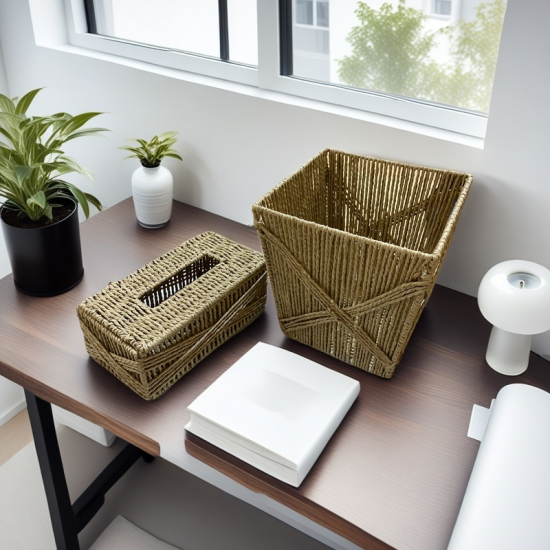Set of Straw Trash Can & Tissue Box